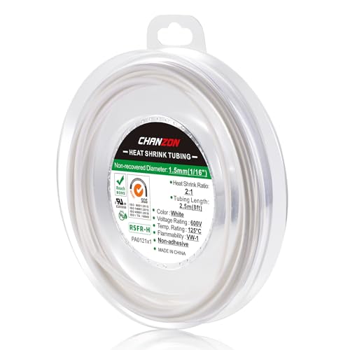 Chanzon 2:1 Ratio 1/16" (1.5mm) Heat Shrink Tubing 8Ft Roll White - color: White, size: 1.5mm (1/16") - 8FT