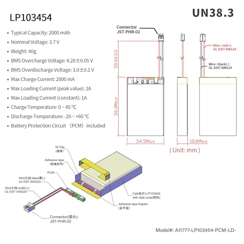 EEMB 3.7V 103454 2000mAh Lipo Battery Rechargeable JST 2.0mm 1-Pack - size: 103454(2000mAh) 1pcs