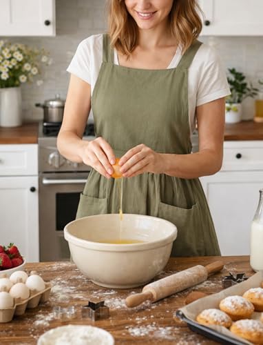Pinknoke Cute Cotton Pinafore Aprons for Women with Pockets for Kitchen - color: Olive Green
