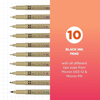 SAKURA Pigma Micron Fineliner Pens - Archival Black Ink Pens - For Writing, Drawing, or Journaling - Assorted Point Sizes - 10 Pack - size: 10 Count (Pack of 1)