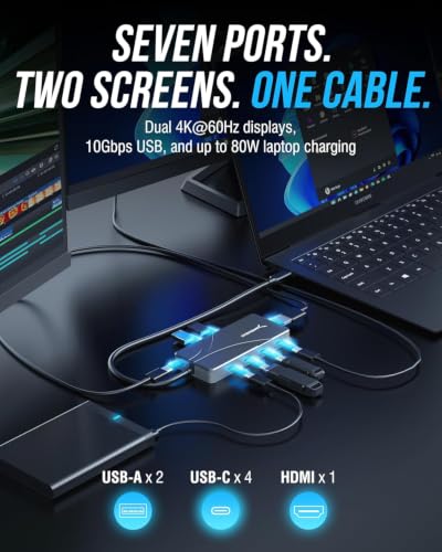 SABRENT OMNIPORT 7D USB-C Dock, Dual 4K HDMI, 100W PD (HB-UC7D) - size: 7-in-1 Dual Display