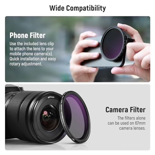 NEEWER 67mm Clip On Variable ND Filter Kit with Cold Shoe Phone Clip, Adjustable ND2-32 Filter Compatible with iPhone 17 16 15 Pro Max Plus Android Samsung Galaxy S24 S25 Ultra - style: ND2-ND32 w Threaded Adapter Ring