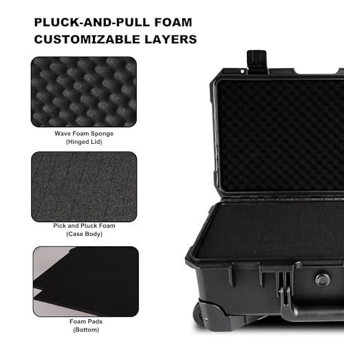 Rolling Hard Case, IP67 Protective Cases with Customizable Foam, Lockable Camera Gear Case with Wheels for Photography Equipment, Tools, 22.05x13.78x9.25in, Black