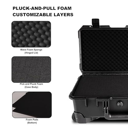 Rolling Hard Case, IP67 Protective Cases with Customizable Foam, Lockable Camera Gear Case with Wheels for Photography Equipment, Tools, 22.05x13.78x9.25in, Black