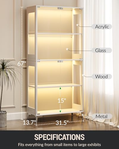 Display Cabinet with Glass Doors, 4-Tier, RGB Lights, Adjustable Shelves - color: White & Glass Double Door