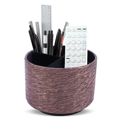 Round Leather Art Supply Organizer,Remote Control Holder,360-degree Rotating Pen Organizer with 4 Compartments(1-Light Tree Brown) - color: 1-Light Tree Brown