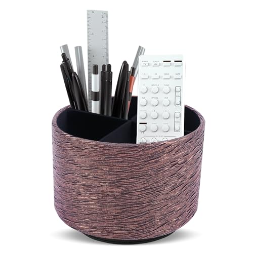 Round Leather Art Supply Organizer,Remote Control Holder,360-degree Rotating Pen Organizer with 4 Compartments(1-Light Tree Brown) - color: 1-Light Tree Brown