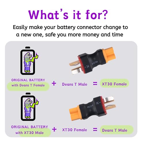 RC Battery Accessory Kit,No Wires Deans T Male (red) Connector Switch to XT30 Female (Yellow) Adapter, for Remote Control Toy Boat FPV Drone Car etc - 1 Pcs with 7.4V USB Charger Cable