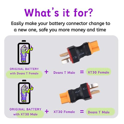 RC Battery Accessory Kit,No Wires Deans T Male (red) Connector Switch to XT30 Female (Yellow) Adapter, for Remote Control Toy Boat FPV Drone Car etc - 1 Pcs with 7.4V USB Charger Cable