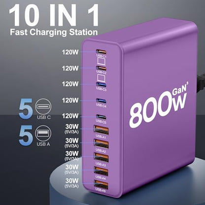 800W USB C Charger Block,10-Port Charging Station - color: Purple