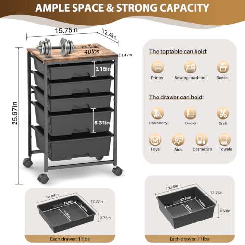 Goovilla Rolling Cart with 5 Drawers for Craft, Art, Dorm, Office, Black - size: Black
