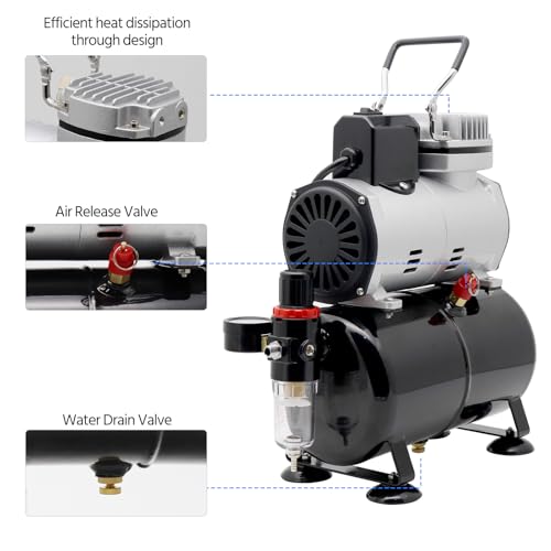 Single-Piston Oil-Free Airbrush Compressor with Cooling Fan, 3L Tank, Regulator & Moisture Trap – for Hobby Painting, Temporary Tattoos, Model Art, Automotive Graphics, Makeup
