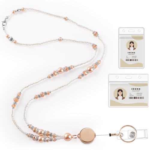 Teacher Beaded Lanyard with Retractable Badge Reel, Pearl, Gold - color: Gold