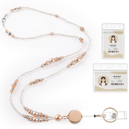 Teacher Beaded Lanyard with Retractable Badge Reel, Pearl, Gold - color: Gold