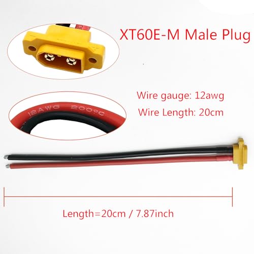 2pcs XT60E-M Plug Male Connector XT60 Mountable Pigtail Cable with 20CM 12AWG Cable for RC Lipo Battery FPV Racing Quadcopter Drone (XT60E-M Cable)