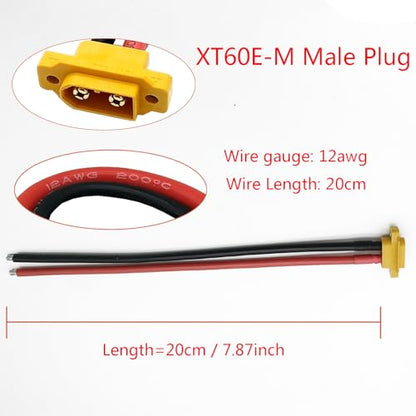 2pcs XT60E-M Plug Male Connector XT60 Mountable Pigtail Cable with 20CM 12AWG Cable for RC Lipo Battery FPV Racing Quadcopter Drone (XT60E-M Cable)