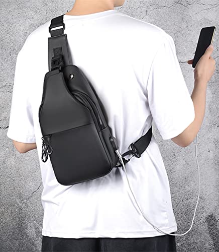 Waterproof Sling Bags Mens Shoulder Crossbody Backpack with USB Charging Port& Headphone,Outdoor Lightweight Bag - color: A-black