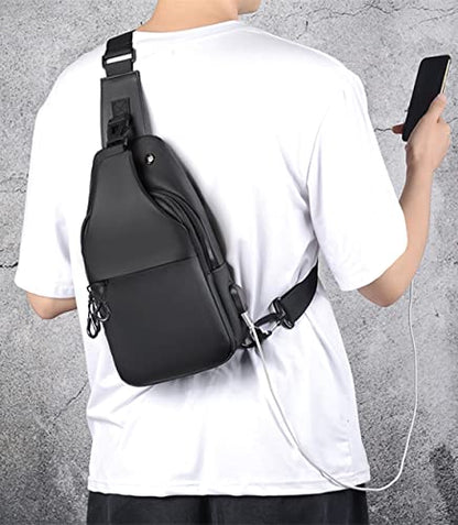 Waterproof Sling Bags Mens Shoulder Crossbody Backpack with USB Charging Port& Headphone,Outdoor Lightweight Bag - color: A-black