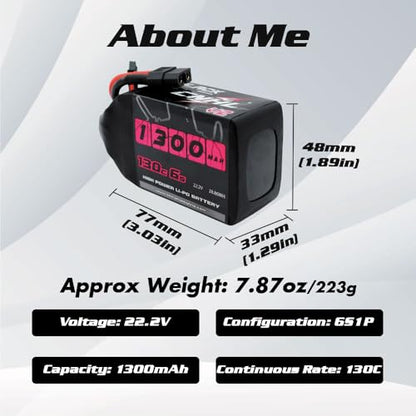 CNHL 1300mAh 6S Lipo Battery 22.2V 130C with XT60 Plug (2 Packs)