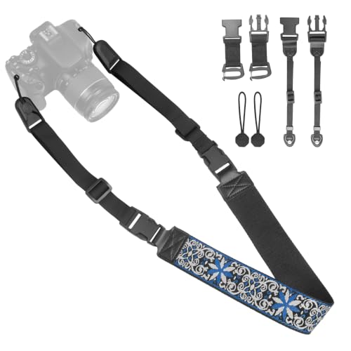 Adjustable Camera Neck Strap, Vintage Embroidered Shoulder & Crossbody Camera Strap with 4 Connection Ways, Anti-Slip Camera Strap for DSLR, Mirrorless & Camcorder, Travel & Outdoor Photography Gear - color: Blue White Flower