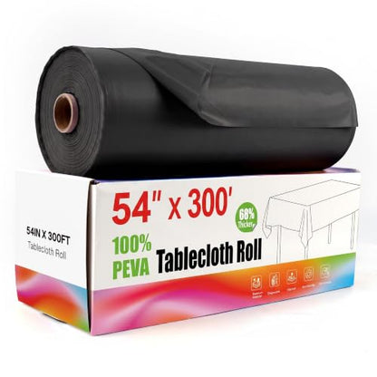 Disposable Table Cloth Plastic, 54In x 300Ft Black Plastic Tablecloth Roll - color: Black
