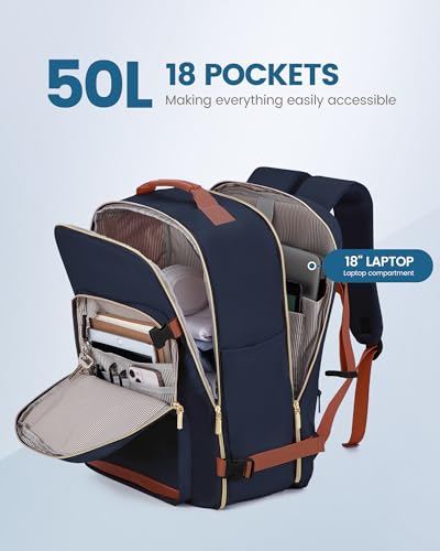 LOVEVOOK 50L Travel Backpack Flight Approved Carry on Backpack,3 Packing Cubes,Waterproof Personal Item Travel Bag,TSA Carry on Luggage Suitcase Travel Essentials,Gifts for Women & Men,fits 18" Laptop - color: Dark Blue-brown, size: X-Large-50L-4Pcs(Stand