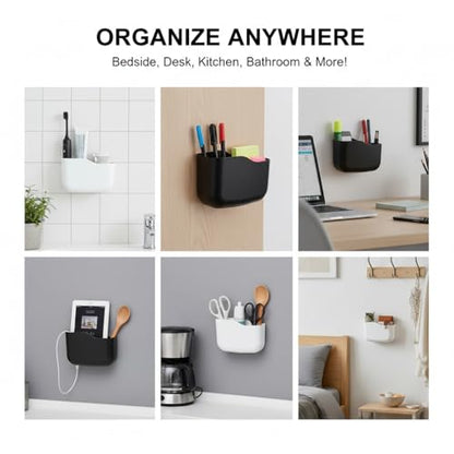 Wall/Bedside Remote Control Holder & Storage Box with Adhesive/Separable Mount - Plastic Media Player & Controller Organizer, Phone Charging Station, for TV Remotes,Stationery - Compact Space-Saving