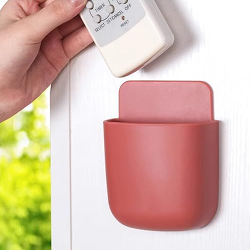 Wall Mount Remote Control Holder Self Adhesive Organizer for Remote Phone Pen Makeup Brush Storage Box for Home Office - color: Red