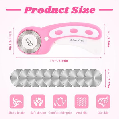 45mm Rotary Cutter with 10 Extra Replacement Blades, with Safety Lock - color: Pink