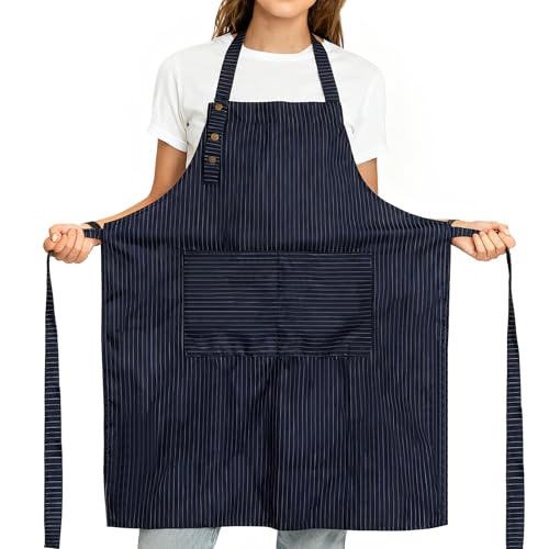 Adjustable Bib Apron Waterdrop Resistant with 2 Pockets Cooking Kitchen Aprons for Women Men Chef - color: Blue