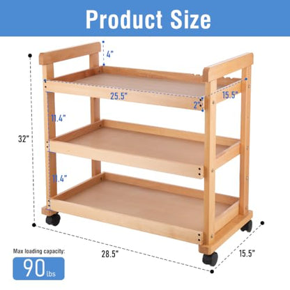 Falling in Art 3-Tier Beechwood Rolling Cart with Caster Wheels, Natural - color: Natural