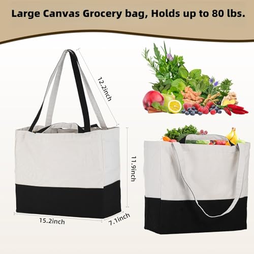 6 Pack Canvas Grocery Bags with Long Shoulder Strap and Short Handle（Black） - color: Black-6pack