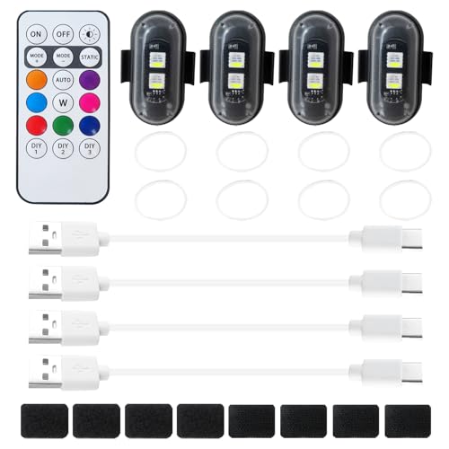 Homesweet 4PCS Wireless LED Strobe Lights with Remote Control, Wireless LED Warning Lights 8 Colors USB Charge Waterproof Anti-Collision, for Car Interior Motorcycle Bike Drone Car Truck RC Aircraft
