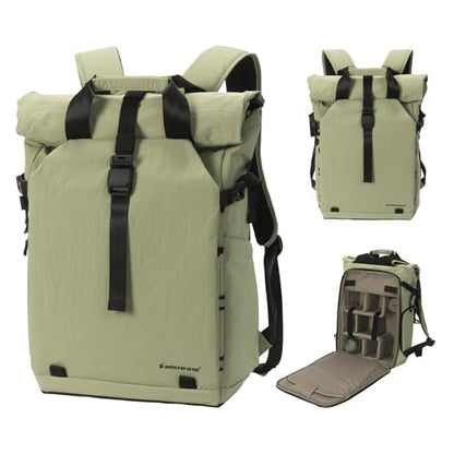 Besnfoto Camera Backpack, Expandable Roll Top Waterproof Photography Bag with Modular Dividers, Professional Camera Case for DSLR SLR Mirrorless Drones, Fits Up to 15.6 Inch Laptop - color: Light Green