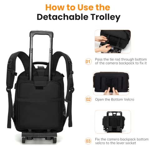 Cwatcun Camera Trolley Bag, Rolling DSLR Case with Removable Cart - color: Black, size: 5.0 Large
