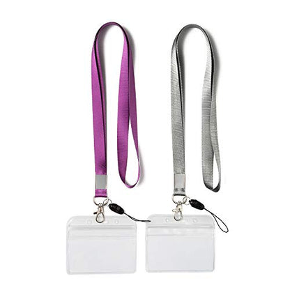2Pack Horizontal ID Badge Holders with Neck Lanyards with Clip,Purple,Grey - color: Grey&purple