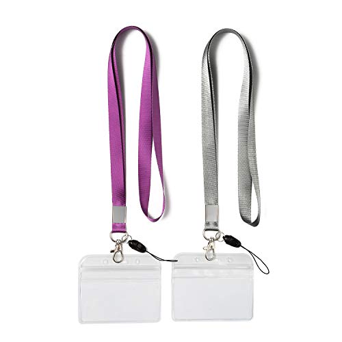 2Pack Horizontal ID Badge Holders with Neck Lanyards with Clip,Purple,Grey - color: Grey&purple
