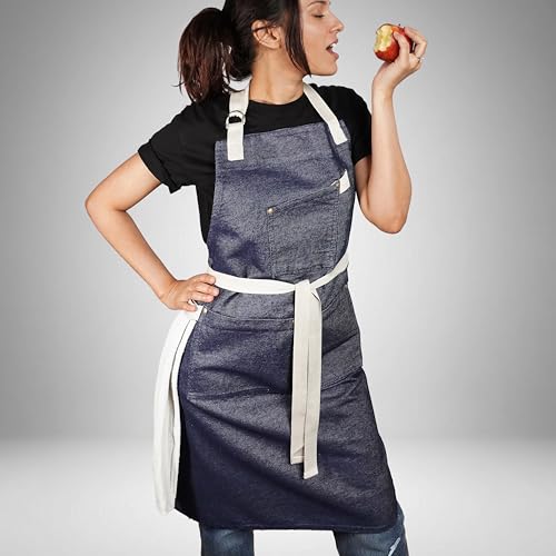 100% Cotton Printed Kitchen Apron with 2 Pockets for Men and Women – Adjustable Chef Apron - Machine Washable - color: Indigo Blue