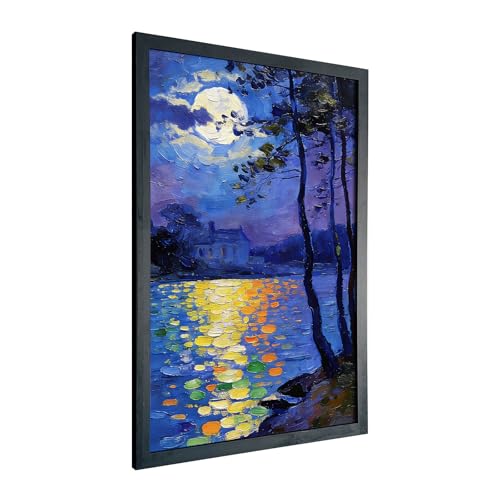 Seaofcity Moonlit Lake Landscape Wall Art, Framed Wall Art for Living Room, Night Blue Scene with Moon Reflection and Distant Cabin, Oil Painting on Canvas, Black Wood Frame, 8" W x 10" L - color: Moonlit Water Lilies, size: 10"l X 8"w