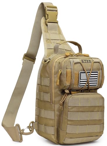 Tactical Sling Backpack Bag Pack for Men Military One Strap Shoulder Backpack Crossbody Bag With Holster 10 Liters - color: Black Tan 2