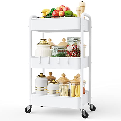 LEHOM 3 Tier Rolling Cart, Metal Rolling Utility Cart with Lockable Wheels - color: White