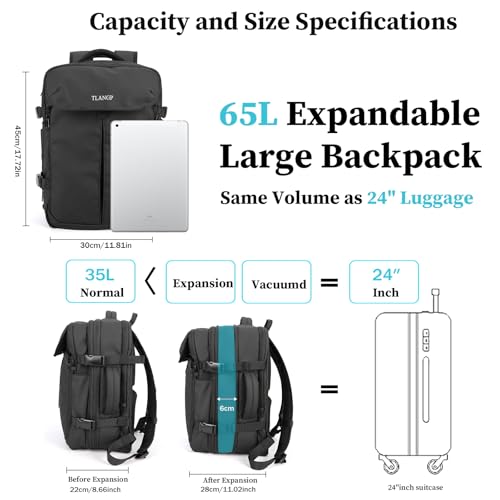 Vacuum Compression Backpack, 60L Expandable Vacpack, Waterproof Carry-On Anti Theft Airback, Black