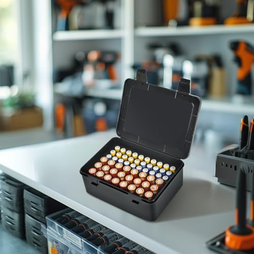 ALCYON Battery Organizer Storage Box, Garage Case Holder for 24* AA, 30* AAA Batteries (Bag Not Include Batteries Pack)-Black - color: black
