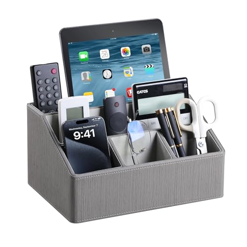 PU Leather Desk Organizer, Remote Control Holder, Grey - color: Grey