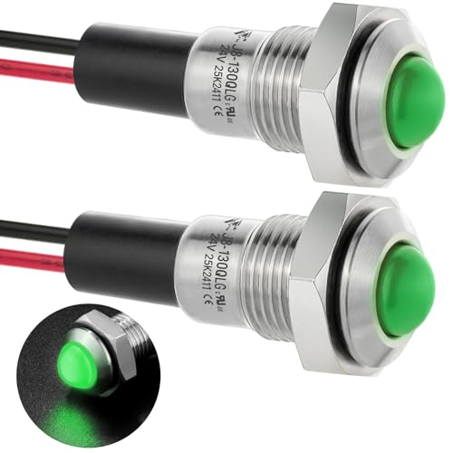 UL Listed Mini Indicator Light 8mm 0.31" Waterproof Domed Metal Stainless Steel Signal Lamp 12V-24V DC/AC Red and Green LED Light with 140mm Wire - color: Green, size: 12-24V DC/AC