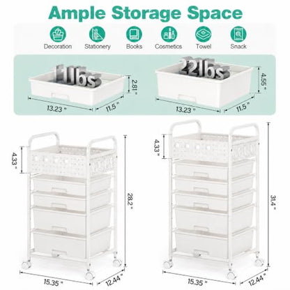 5 Drawer Rolling Storage Cart with Pegboard Top and Hooks, White - color: White, size: 5-Drawers