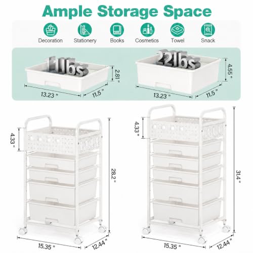 5 Drawer Rolling Storage Cart with Pegboard Top and Hooks, White - color: White, size: 5-Drawers