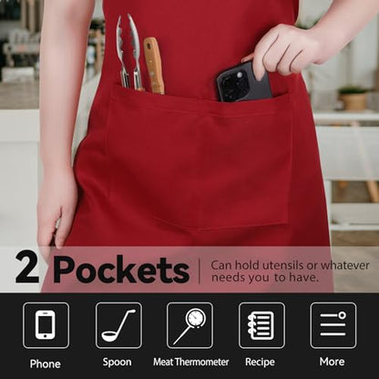 NLUS 2 Pack Kitchen Aprons with 2 Pockets for Women Men, Chef Aprons for Baking BBQ Cooking, Red - color: Chili Red