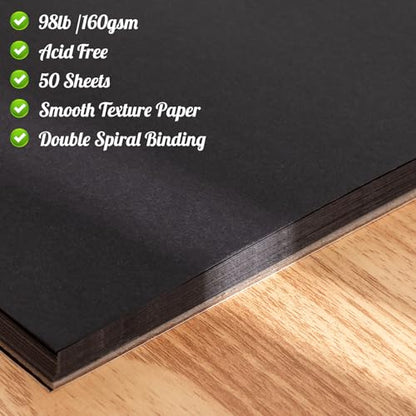 Black Paper Sketchbook 9 × 12 in, 30 Sheets, 160gsm Spiral Bound - size: 9×12 Inch (1 pack)