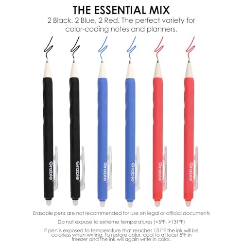 Grabie Erasable Gel Pens, 6 Pack Black Blue Red 0.7 mm Medium Point - color: Black/Blue/Red
